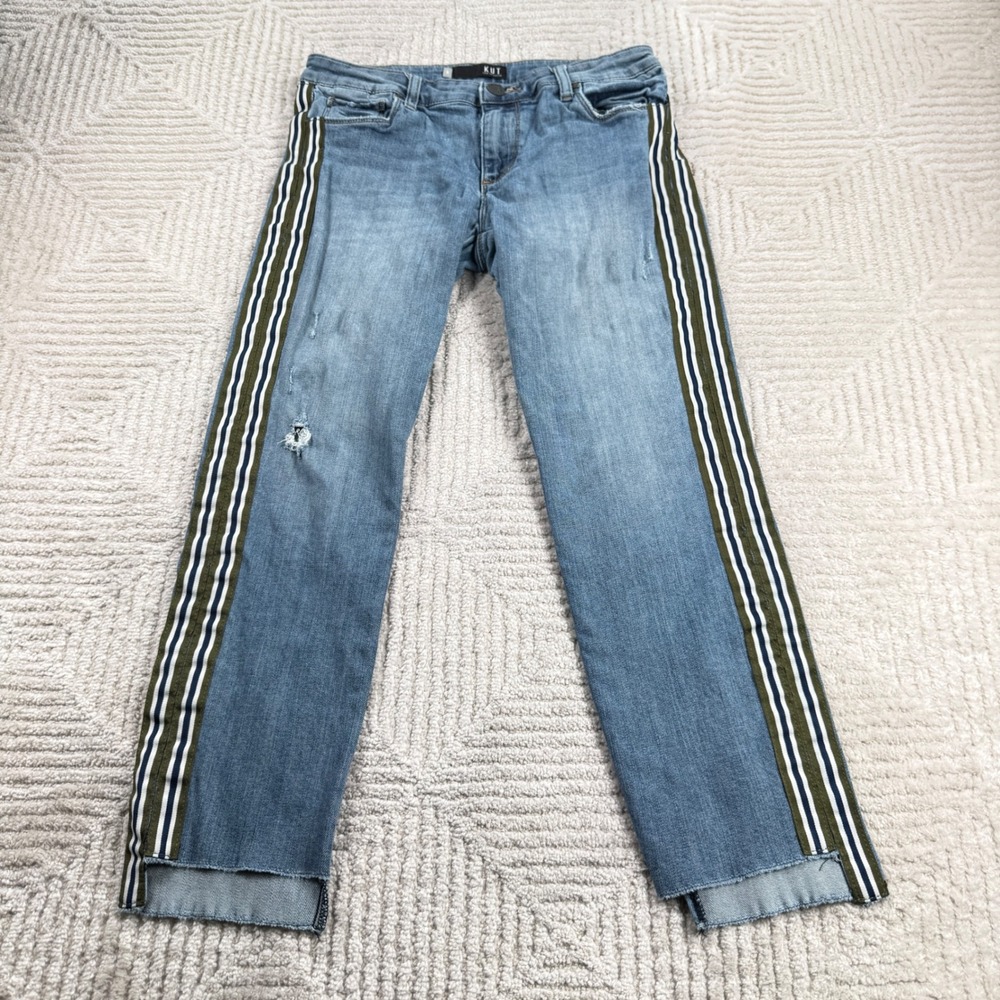 KUT from the Kloth Reese Ankle Straight Leg Jeans Women 6 Blue Stripe Distressed